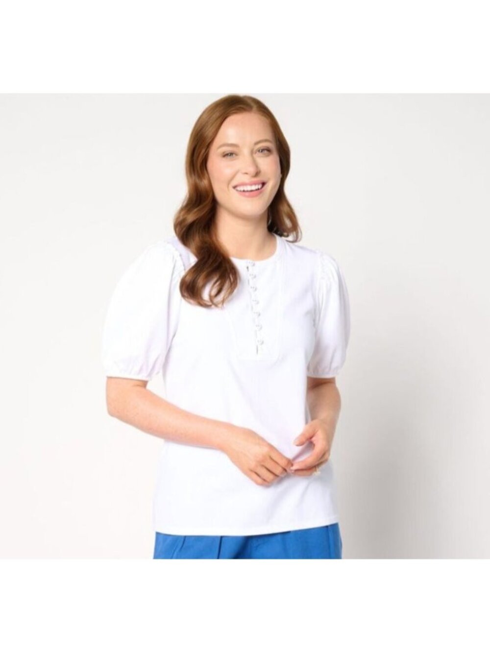 AnyBody Women Top Knit Henley sz L Puff Sleeve White A647604